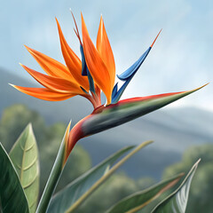 Bright orange bird of paradise flower against a clear blue sky