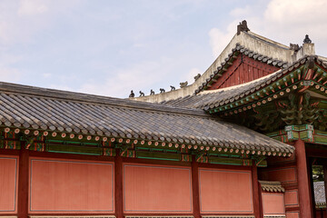 Fototapeta premium Changdeokgung Palace and Secret Garden (Huwon), UNESCO Heritage Site, Seoul, Korea, Geunjeongjeon Hall in Gyeongbokgung Palace, South Korea, 한국 서울 경복궁 근정전 정면 사진 서울 창덕궁 인정전과 후원 (비원) 유네스코 세계문화유산