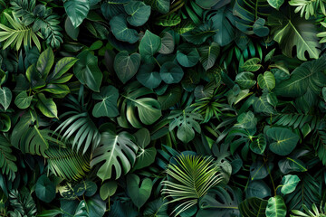 Fototapeta premium Lush green jungle foliage background filled with vibrant leaves, perfect for nature, tropical, and botanical themes