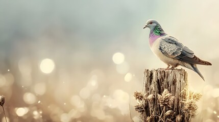 Colorful Pigeon Perched on a Wooden Post with Soft Bokeh Background in Natural Environment