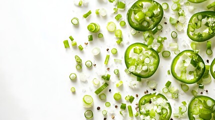 Freshly Sliced Green Jalapeno Peppers and Scallions on White Background for Cooking Decoration