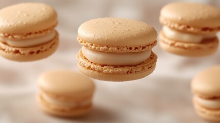 Fototapeta premium Floating Golden Macarons with Cream Filling on Soft Background