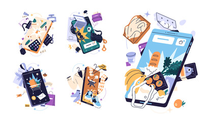 Online shopping by smartphone set. Concept of making purchase by phone app. Buyer booking delivery, order and buy goods, products on sale in internet store. Flat isolated vector illustrations on white