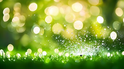 Fototapeta premium Glistening Sprinkles of Light on Green Grass with a Magical Bokeh Background in a Spring Garden