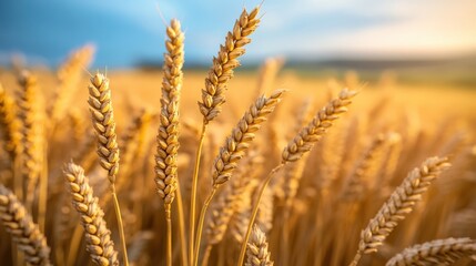 Fototapeta premium Golden Wheat Field at Sunset, Harvest Time, Agriculture and Nature