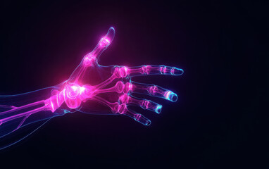 Futuristic human hand with neon glow illustrating technology concept.