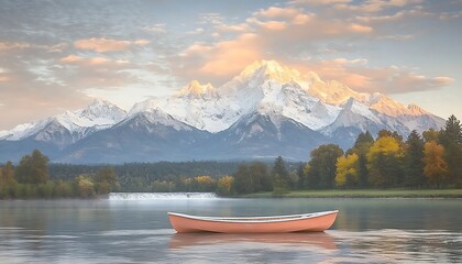 Obraz premium Sunrise Rowboat for Mountain Lake Serenity.
