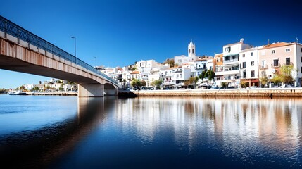 Fototapeta premium Picturesque Coastal Town with Reflective Water and Charming Bridge Under a Clear Blue Sky