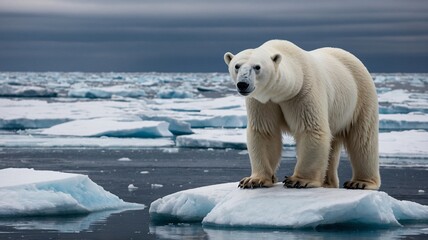 A majestic polar bear stands on an ice floe in the Arctic, showcasing its powerful form against a moody gray sky.