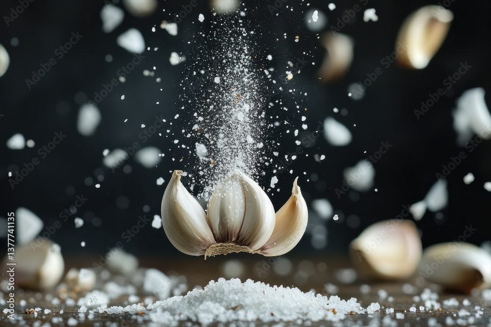 Poster fresh garlic cloves and sea salt create a beautiful culinary display in a dark background setting