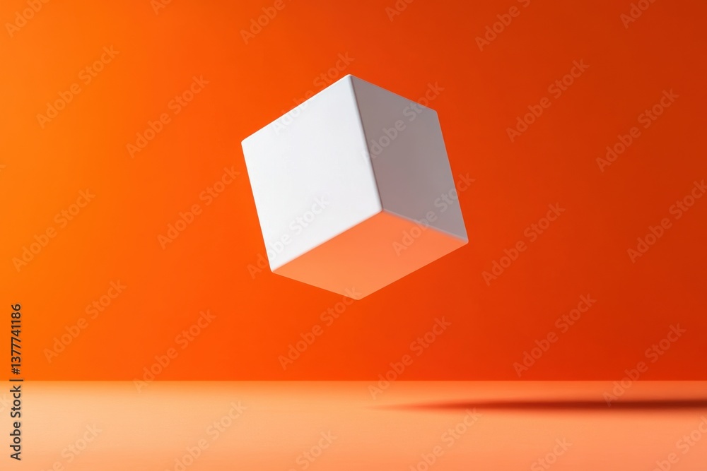 Poster Floating white cube against a vibrant orange backdrop in a minimalistic setting
