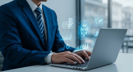 Businessman analyzing AI-driven data on laptop, visualizing futuristic technologies