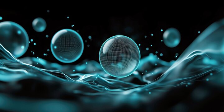 Glowing cyan spheres hover above fluid 3D surfaces with particle splashes - Powered by Adobe