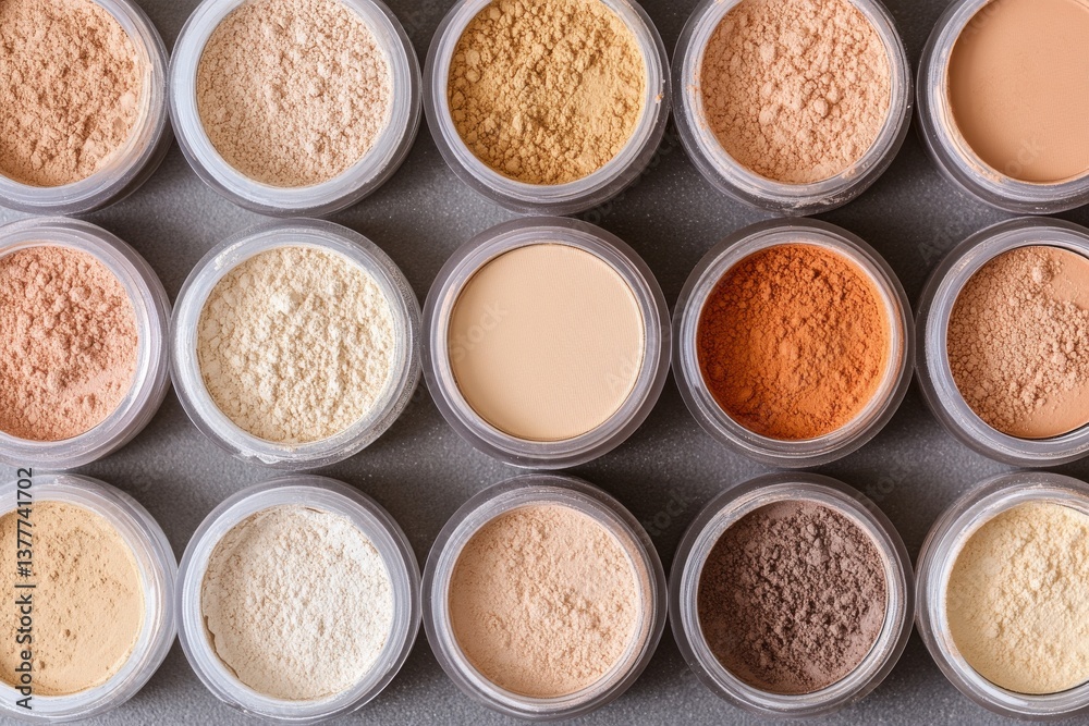 Poster various shades of mineral powders arranged in circular containers on a flat surface