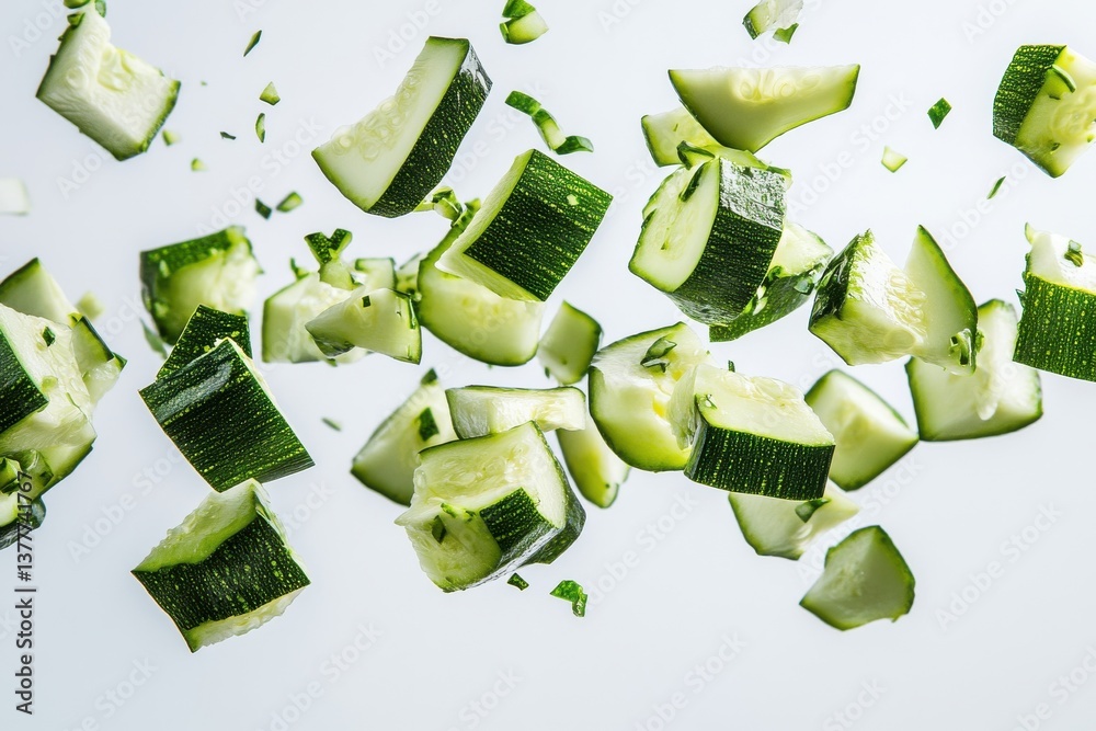 Poster fresh cucumber pieces flying in the air, showcasing vibrant colors and textures during preparation i