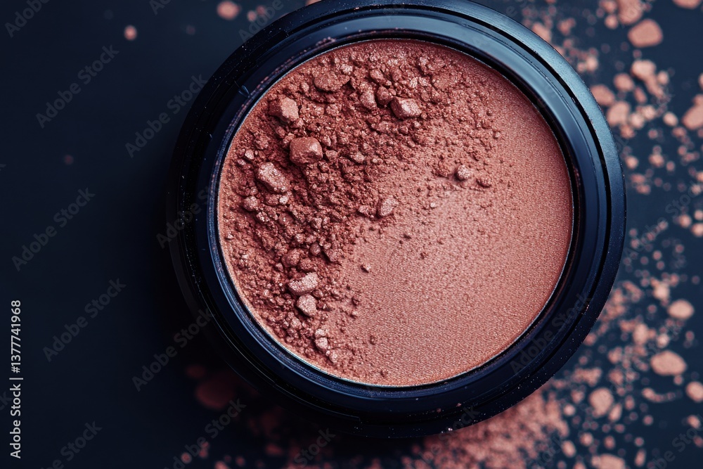 Poster rich bronzer powder in a black container with scattered makeup on a dark background