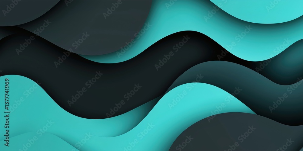 Wall mural smooth 3d layered waves in alternating turquoise and dark charcoal tones forming a bold yet fluid ab