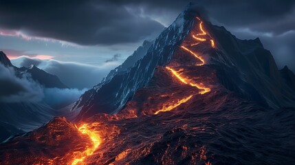 Majestic volcano erupting, with glowing lava streams flowing down the rugged landscape under a dramatic sky.