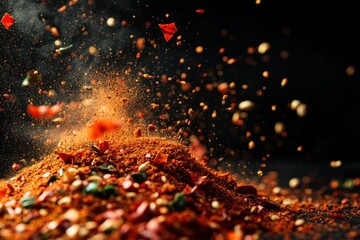 Colorful spices in motion create dynamic splashes on a dark background showing vibrant culinary ingredients