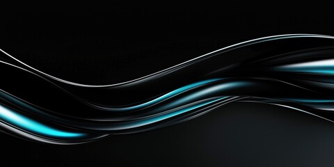 Dynamic curved lines in black and teal with metallic sheen over a black background forming an elegant futuristic wave composition
