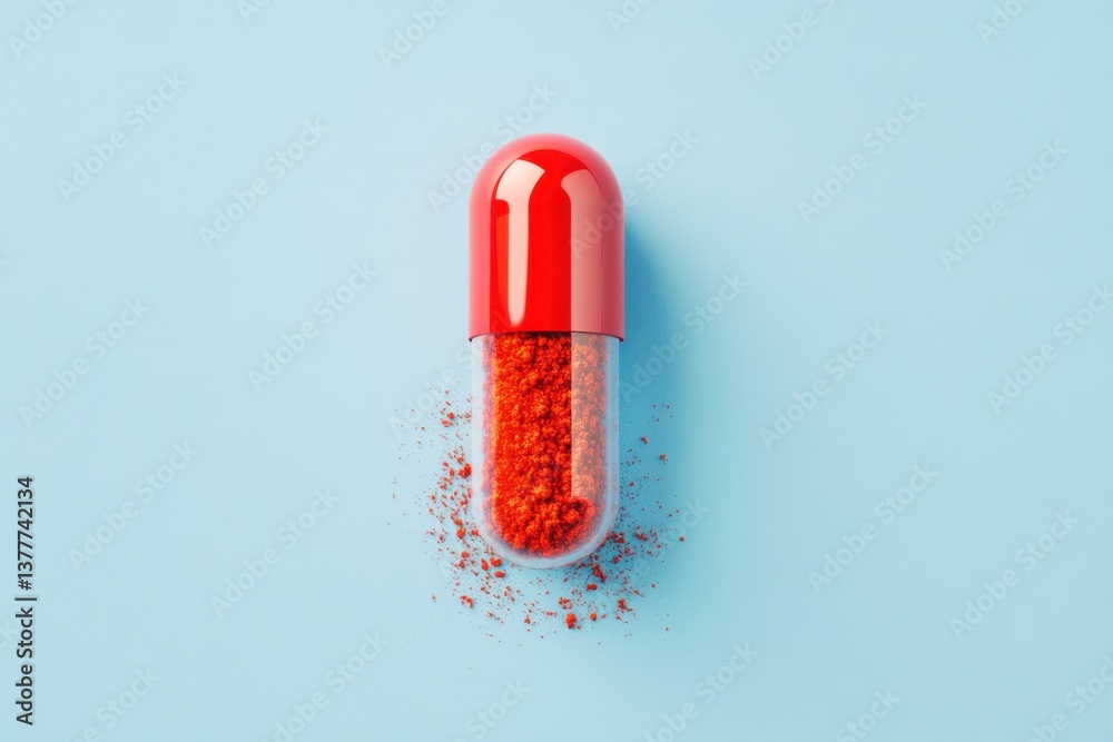 Aufkleber Bright red capsule spilling powder on soft blue background in a minimalist setting
