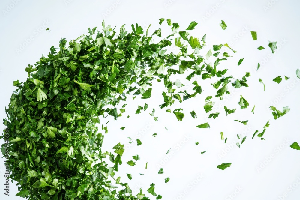 Poster freshly chopped parsley creating a vibrant wave against a clean backdrop