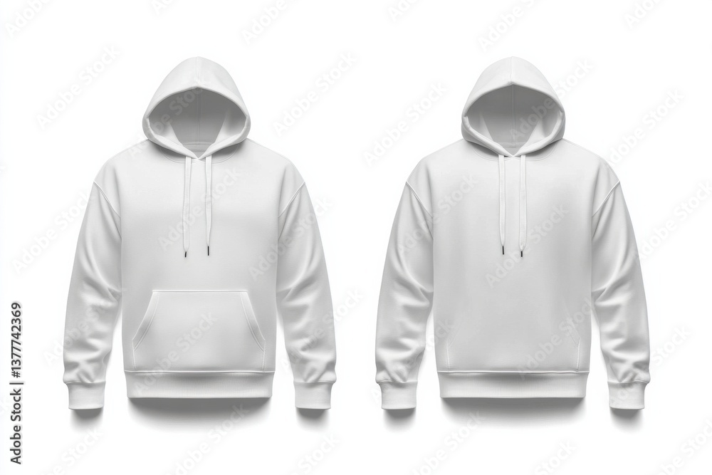 Poster white hoodies displayed side by side, showcasing front and back designs in a minimalist fashion cont