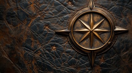 Antique Brass Compass Rose on Embossed Leather Background