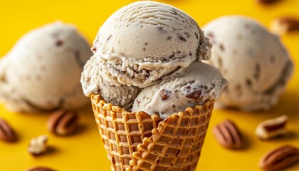 Scoops of Butter Pecan Ice Cream in Waffle Cone on Vibrant Yellow Background with Pecans