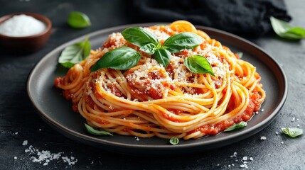 Delicious Spaghetti Pasta with Tomato Sauce and Fresh Basil on Dark Background