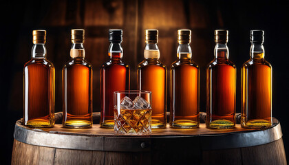 A row of aged bourbon bottles on a wooden barrel, with a glass of whiskey and ice cubes catching the warm glow of dim lighting