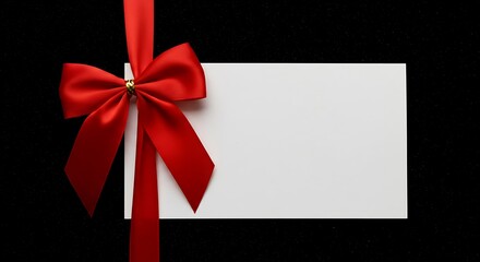 Crimson Elegance Against Midnight Red Ribbon White Note A Touch Of Festive Red Bold Red Bow On Blank Card Gift Card With Festive Bow Elegant Red Accents On Black AI Generated