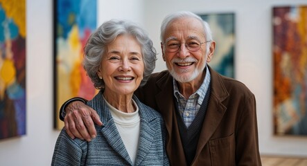 Happy elderly couple in modern art gallery with abstract paintings background portrait photo 