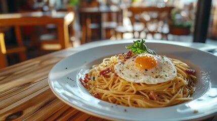 Delicious spaghetti with bacon and egg called alla carbonara on wooden table