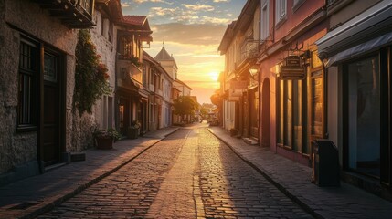 Obraz premium The charm of the old town at dawn was like stepping back in time