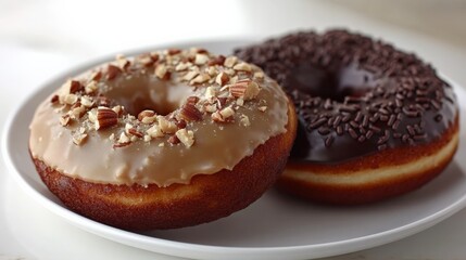 Delicious Gourmet Donuts with Chocolate and Nut Toppings on a Plate