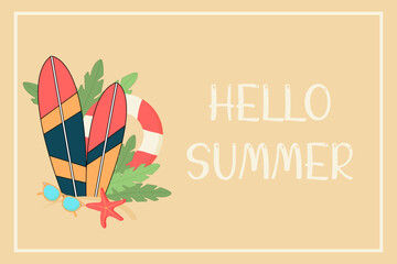 Summer postcard with colorful surfboards, lifebuoy, sunglasses, leaves, and starfish on a beige background. Hand-drawn style. Fun beach illustration with &ldquo;Hello Summer&rdquo; text. Vector design.