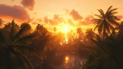 A tropical sunset lit up the palm trees