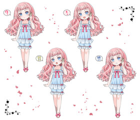 スマホで電話をかけるピンク髪のアニメ風少女。驚きの表情4種類セット。コーナー用の飾り罫つき。