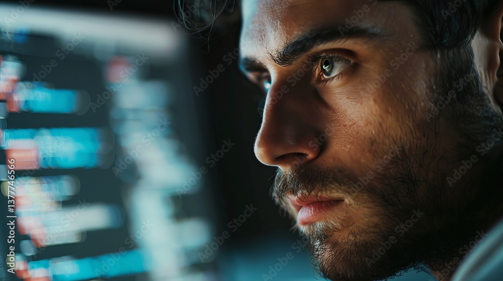 Wall mural close-up of a focused young male programmer working late at a computer screen displaying code, captu