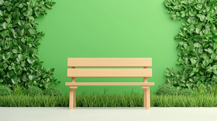Fototapeta premium Cozy wooden bench against green foliage background