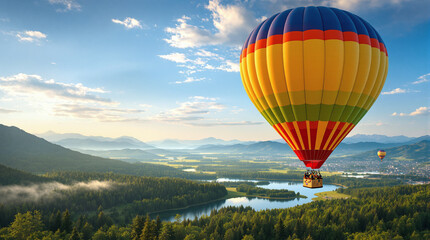 Obraz premium Bright hot air balloon floating over green fields, river and forest on sunny day, travel and freedom concept