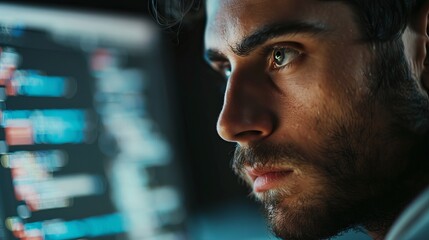 Fototapeta premium Close-up of a focused young male programmer working late at a computer screen displaying code, capturing the essence of concentration.