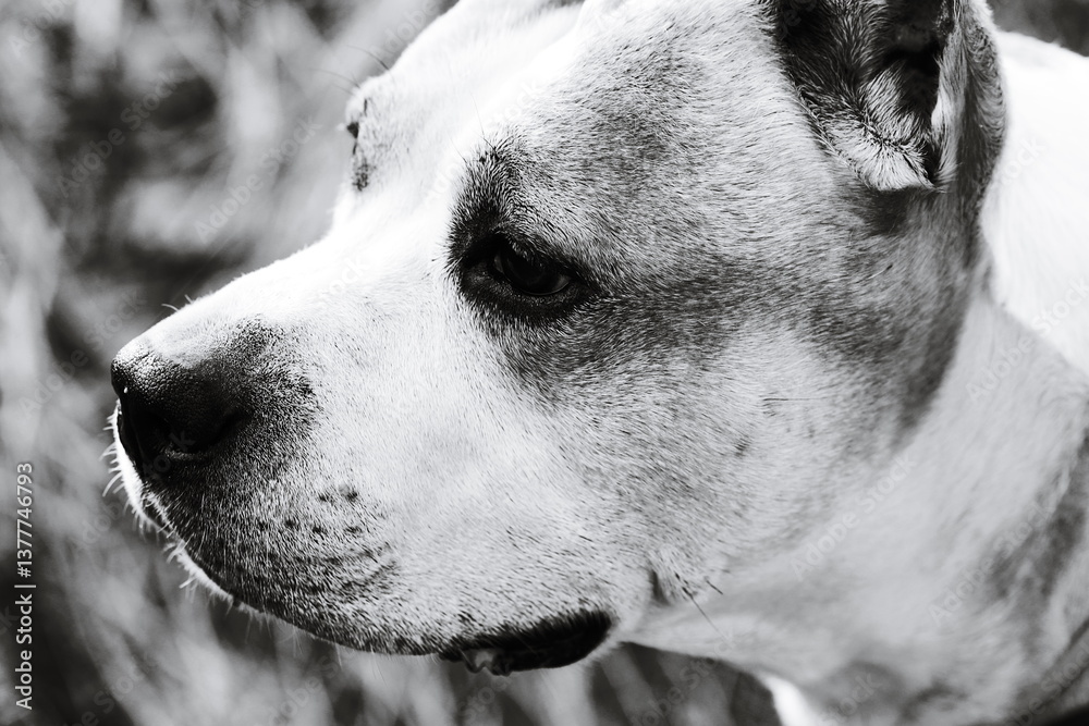 Poster a close-up shot of a black and white dog's face, with a short description about its potential uses s