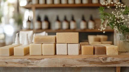 Shampoo bars and zero-waste hair care solutions, elegantly displayed in an eco-conscious setup,