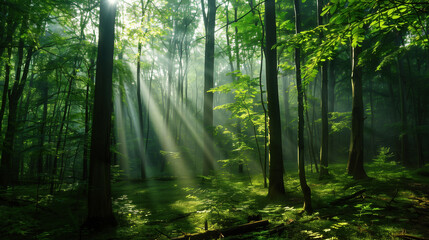 A dense, vibrant green forest with tall trees, soft moss-covered ground, and sunlight.