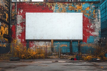 Blank white banner against a brick wall backdrop on a construction fence, offering a clean canvas for creative design applications.