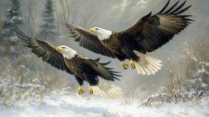 Fototapeta premium Majestic eagles soar high, scanning the ground below