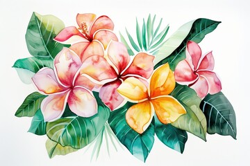 Obraz premium Vibrant tropical flower composition with lush green leaves showcasing colorful petals in a stylish art design for nature lovers. Plumeria isolated on white background.