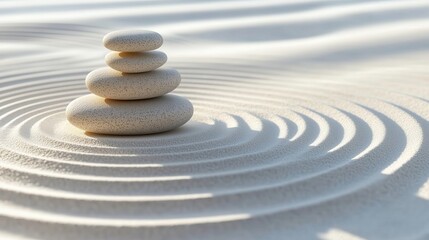 Stack of white pebbles balancing on white sand creating a zen atmosphere